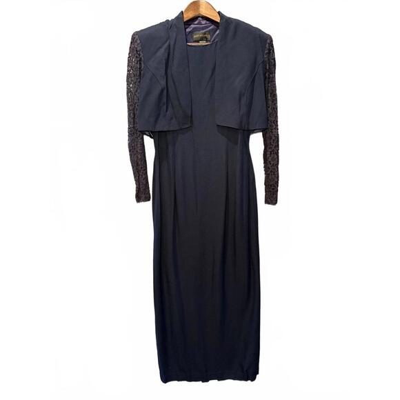 Elegant Long Sleeve Navy Dress with Lace Sleeves and Bolero - Picture 1 of 9